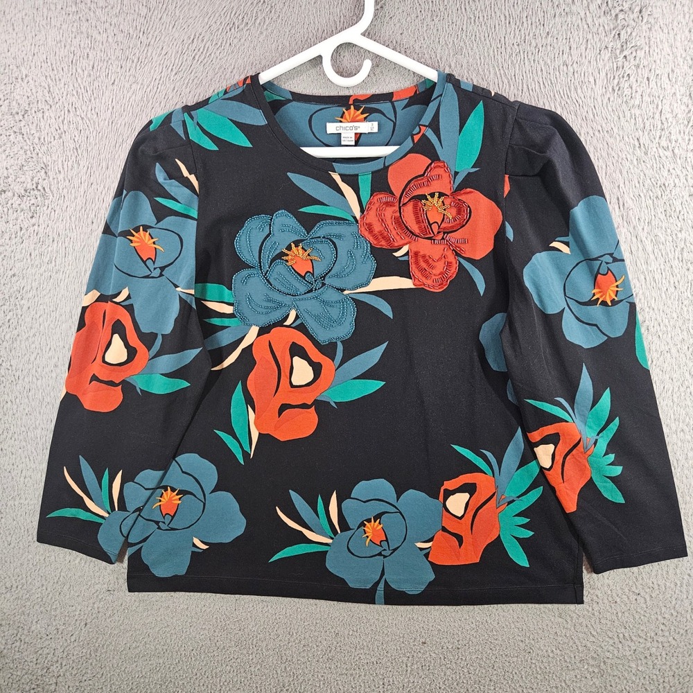 Chicos Floral Beaded Embroidered Top‎ Black Teal Orange Cotton Blend Size 3 XL